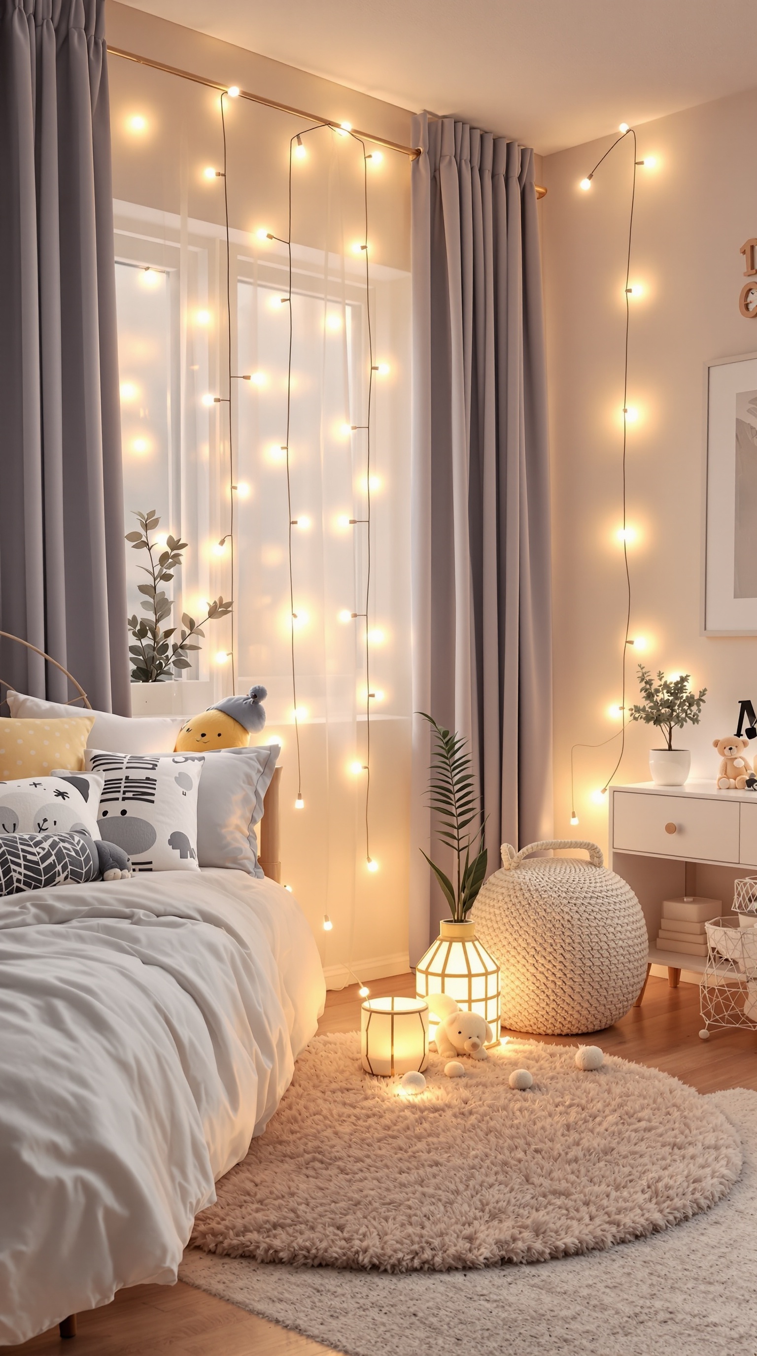 A cozy toddler room featuring soft lighting with string lights and warm lamps.