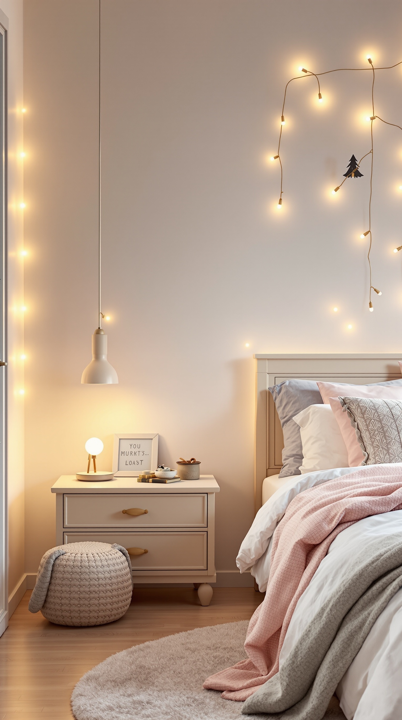 A cozy toddler bedroom with soft lighting, featuring string lights, a bedside lamp, and a warm color palette.