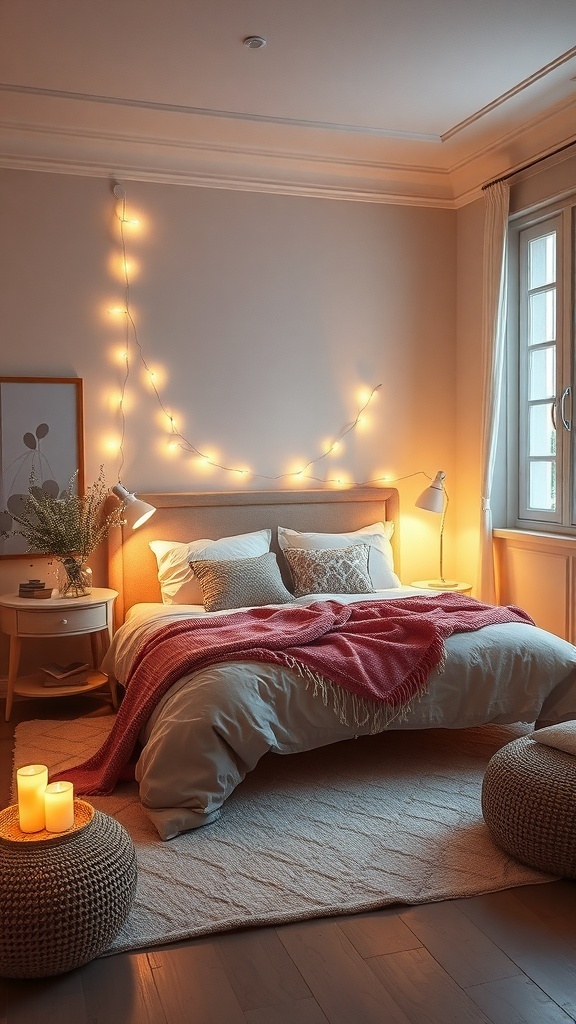 A cozy bedroom with soft lighting from string lights, a bedside lamp, and candles, creating a warm atmosphere.