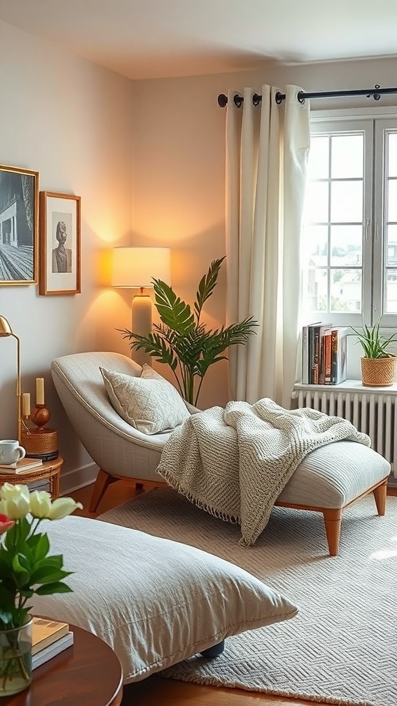 A cozy reading corner with soft lighting, a chaise lounge, plants, and artwork.
