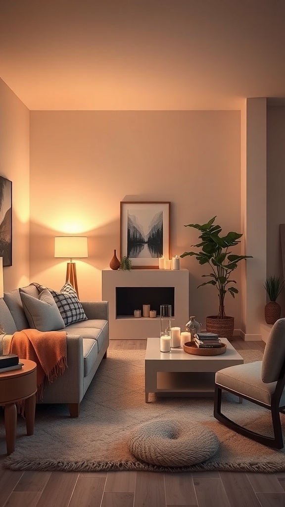 A cozy living room with soft lighting, featuring a lamp, candles, plants, and a comfortable sofa.