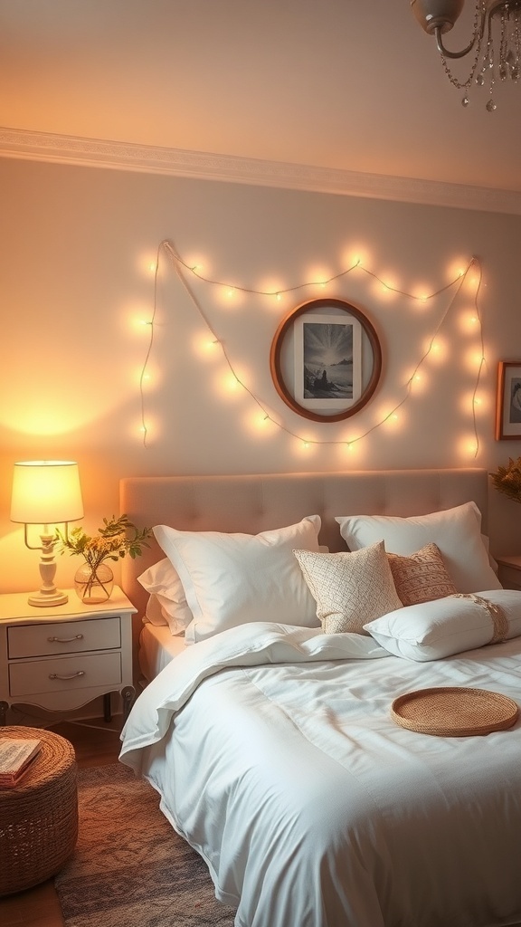 Cozy bedroom with soft lighting from a bedside lamp and string lights on the wall.
