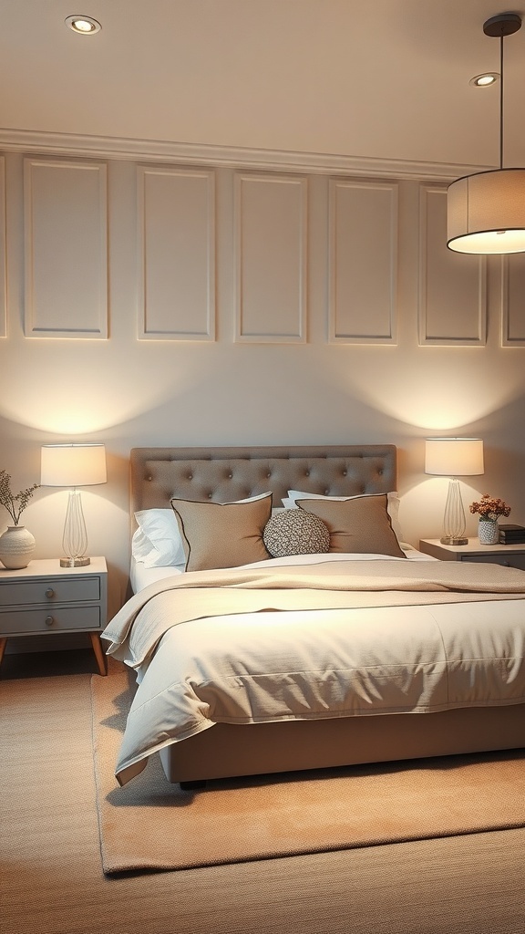 A neutral bedroom with soft lighting from bedside lamps and a ceiling fixture, featuring a cozy bed and elegant decor.