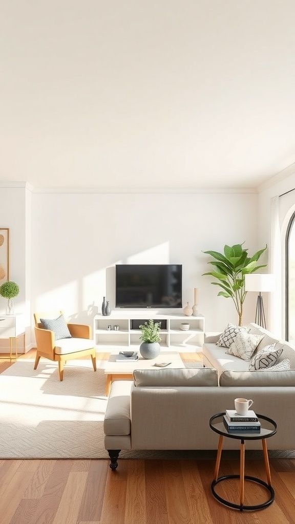 A cozy living room with bright lighting and soft-colored walls, illustrating the effect of lighting on paint choices.
