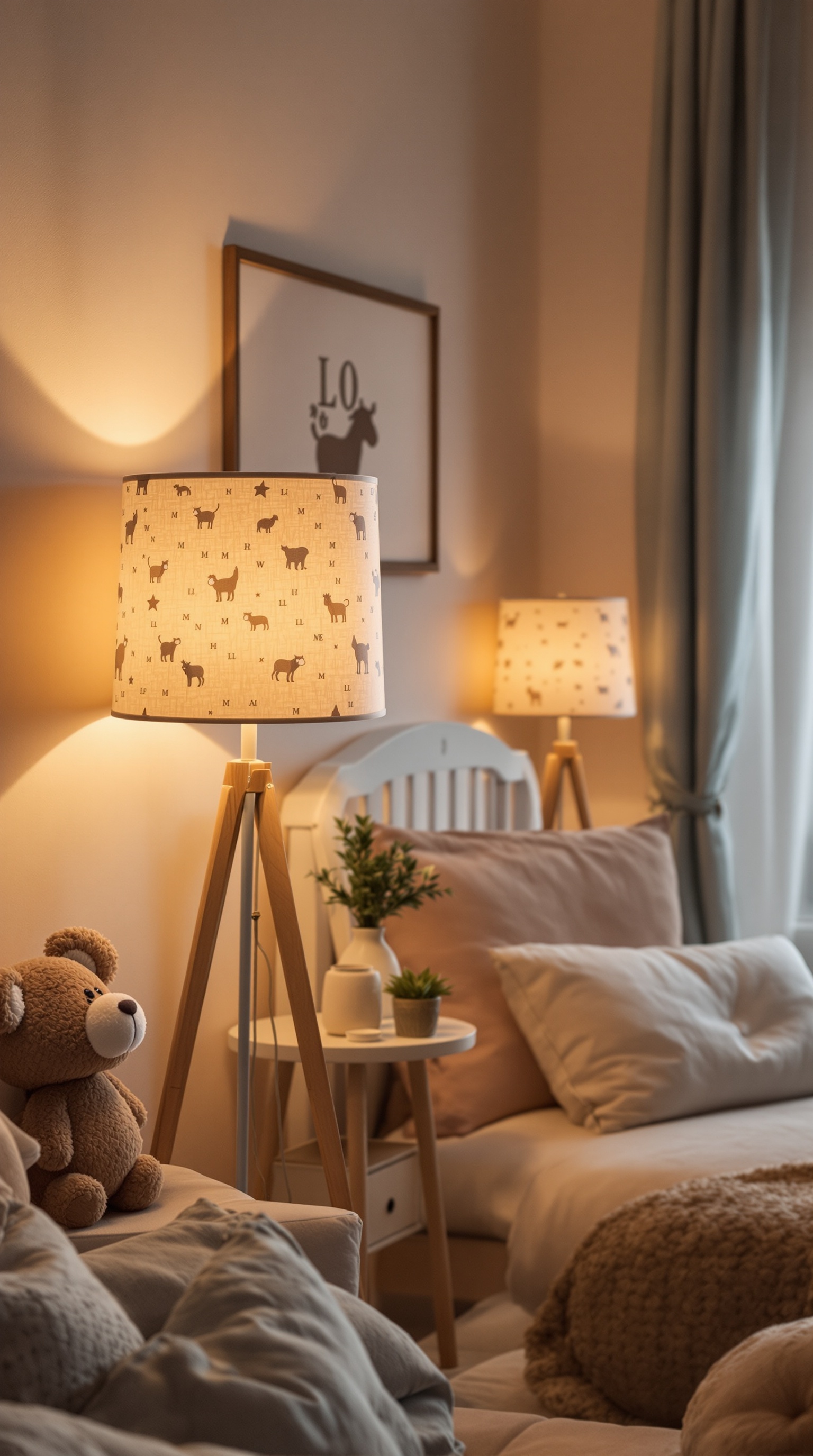 A cozy baby room with soft lighting and animal motif lamps, featuring a teddy bear and plush pillows.