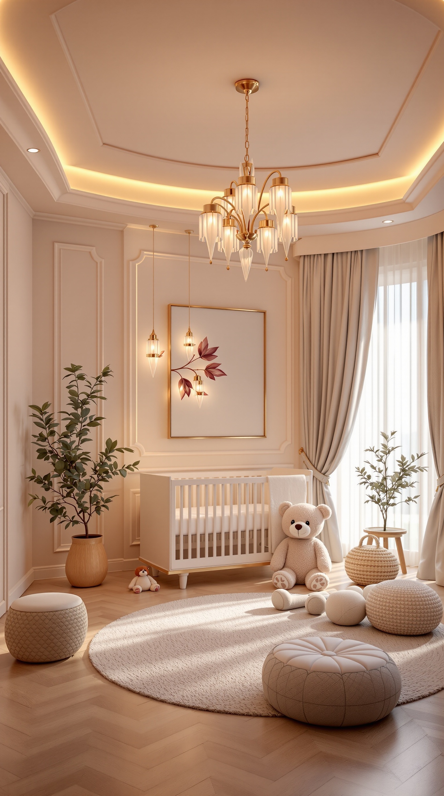 A luxury baby room featuring soft lighting from elegant fixtures, a stylish crib, and cozy decor.