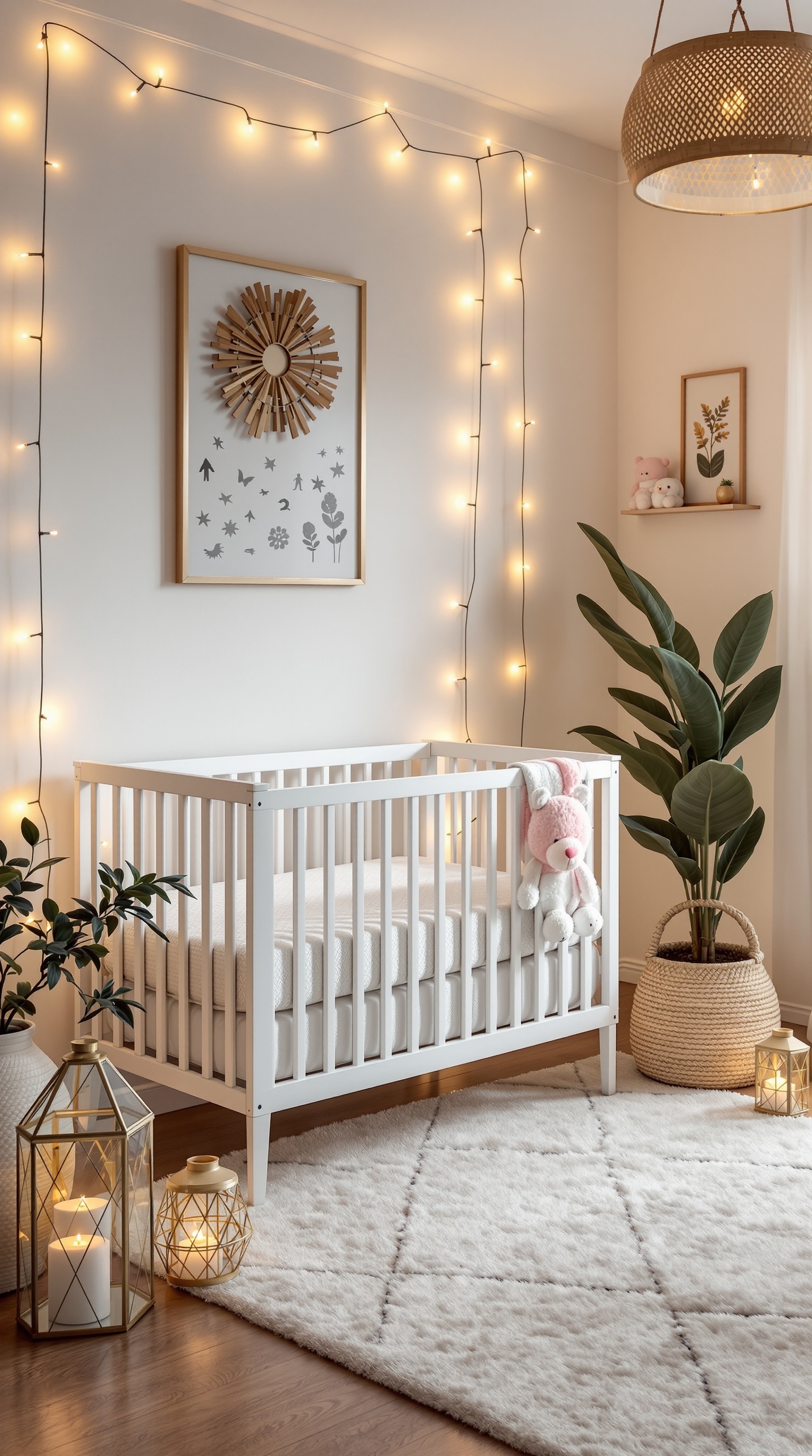 A cozy boho baby nursery featuring soft lighting with fairy lights and lanterns.