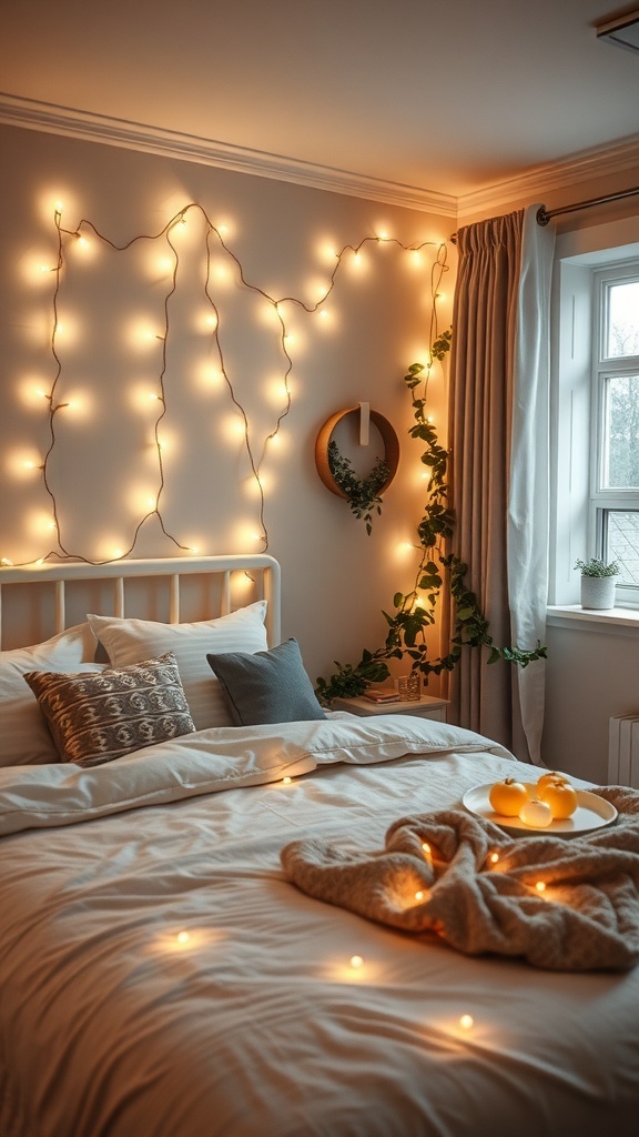 A cozy bedroom with soft lighting from fairy lights, featuring a neatly made bed and decorative elements.