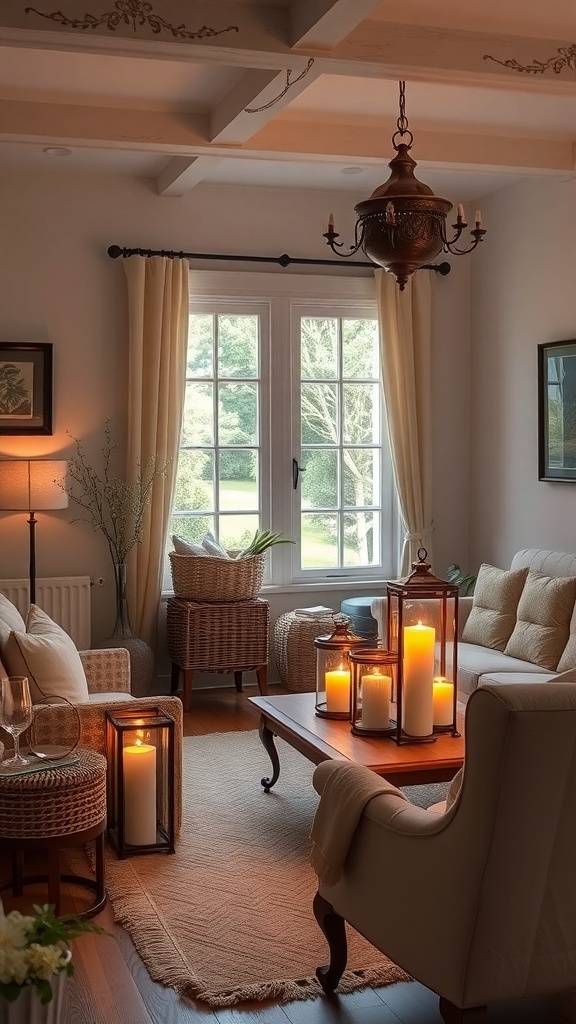 A cozy cottage living room with soft lighting from lanterns and candles, featuring a warm and inviting atmosphere.