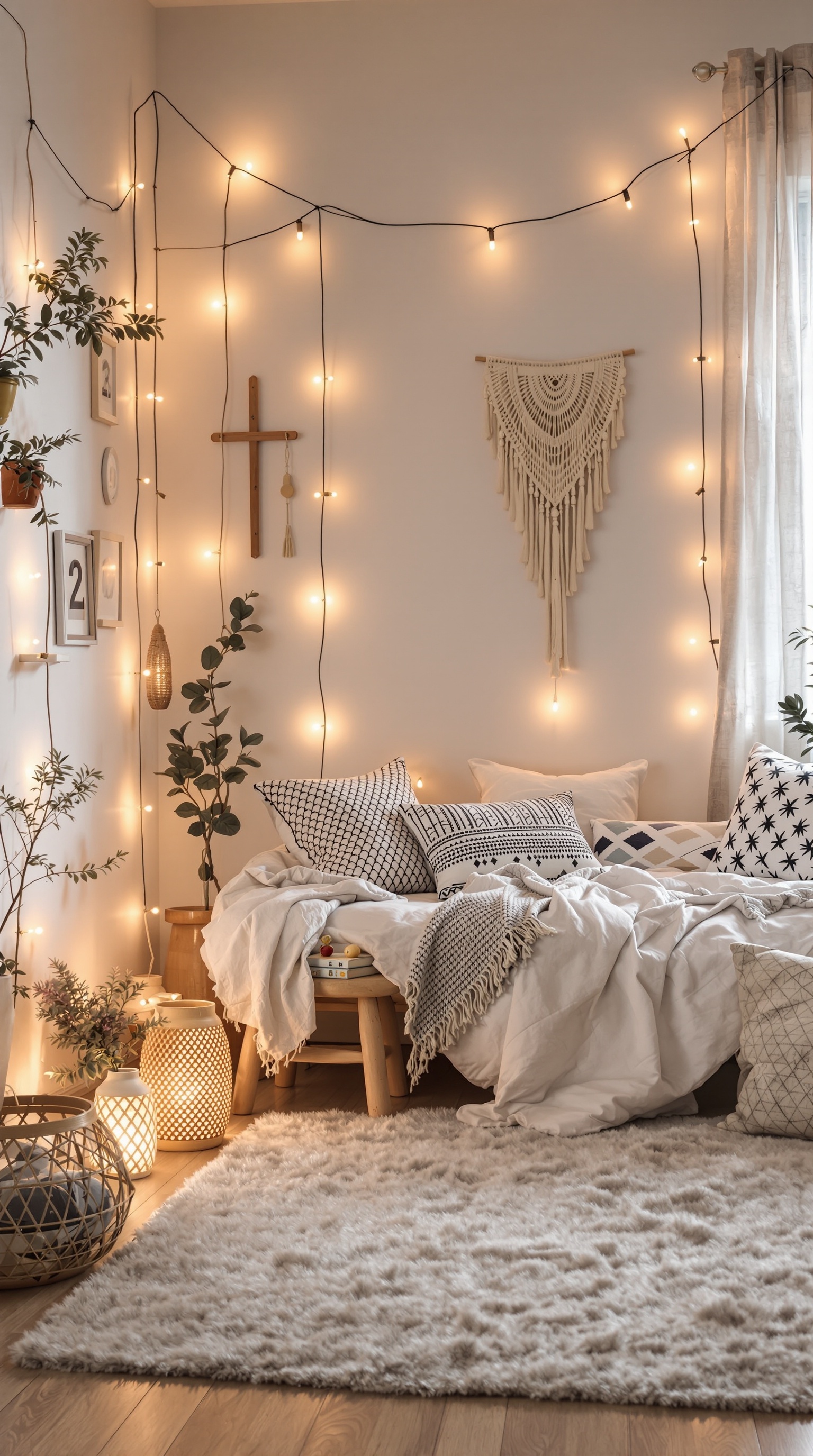A cozy boho kids room with soft lighting from lanterns and string lights.