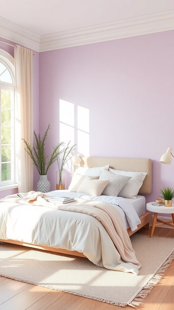 A calming bedroom with soft lilac walls, a cozy bed, and natural light.