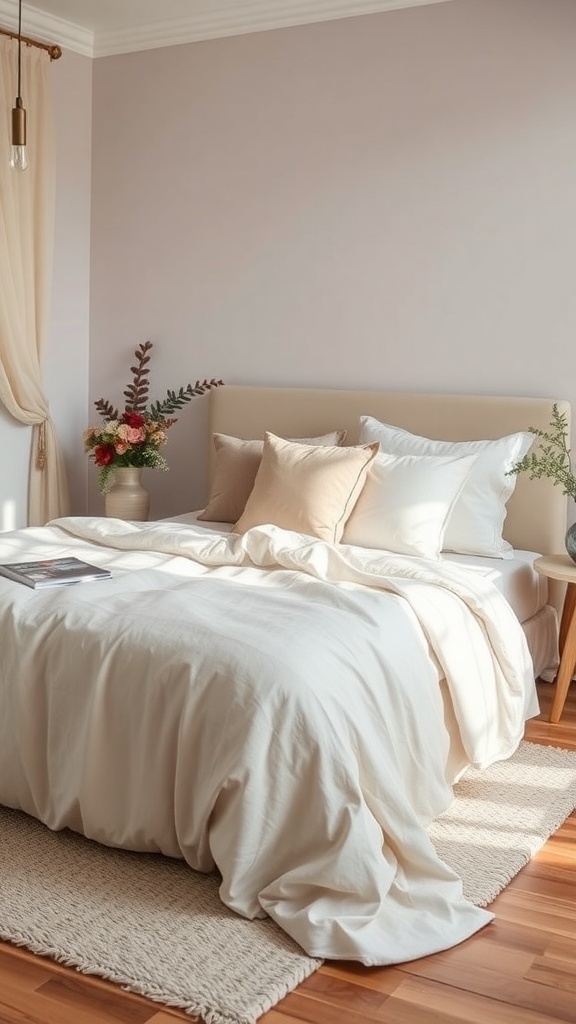 A cozy rustic romantic bedroom featuring soft linen textiles in neutral tones.