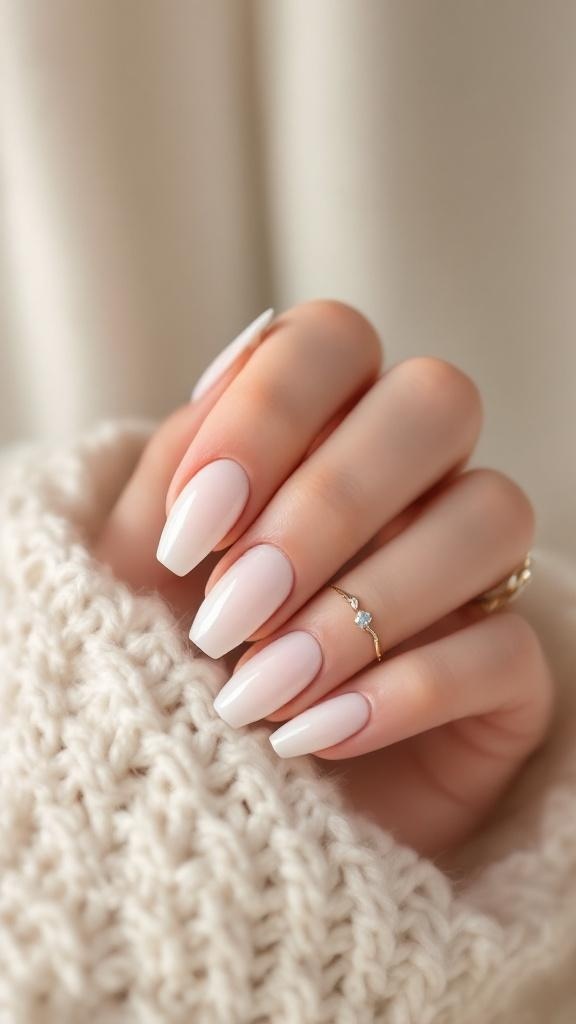 Close-up of a hand with soft milky white nails and a delicate ring, resting on a cozy knitted fabric.