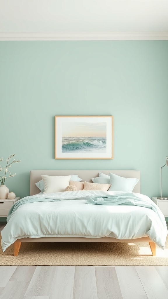 A calming bedroom with soft mint walls, a cozy bed with light pillows, and a piece of art depicting gentle waves.
