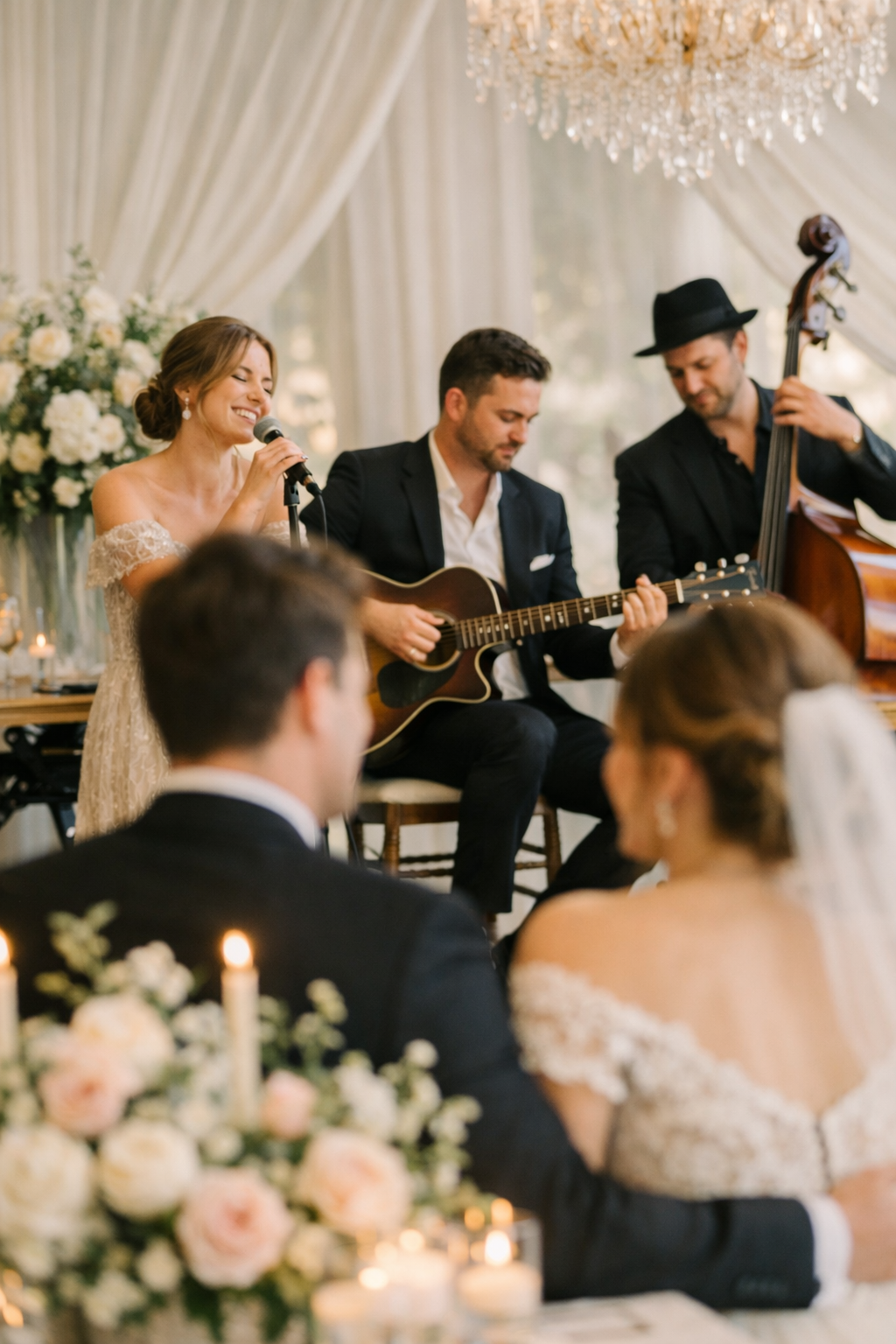 A vocalist performs with a guitar player and a double bass player at a wedding reception, creating a warm and inviting atmosphere.