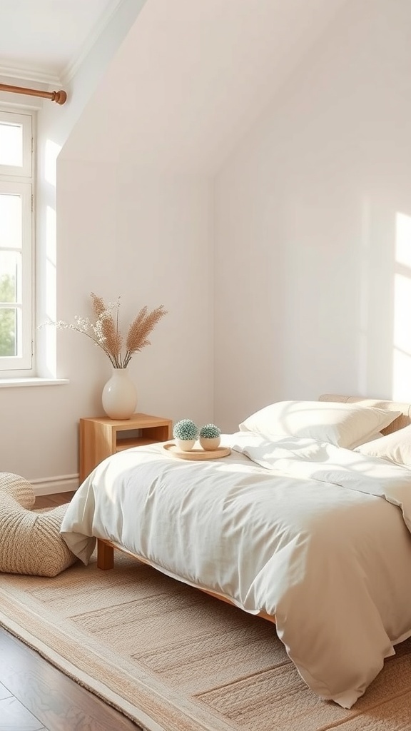 A rustic farmhouse bedroom featuring a soft neutral color palette with cream walls, light bedding, and wooden furniture.