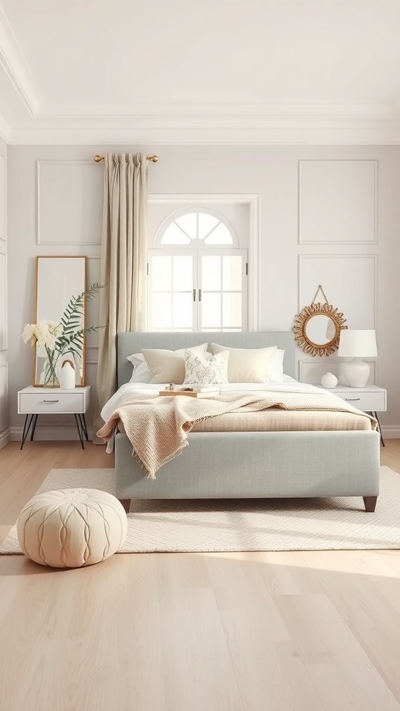 A serene bedroom featuring a grey bed frame with beige and cream bedding, light wood flooring, and soft natural light.