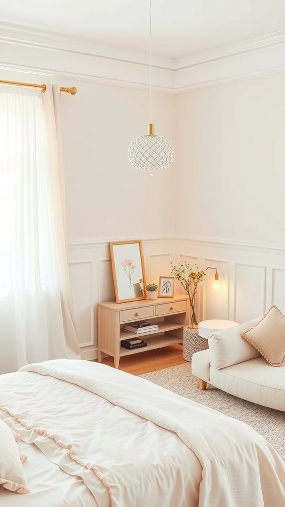 A cozy bedroom with soft pastel colors, featuring a bed with light pink bedding, a stylish lamp, and a small wooden shelf with decorative items.