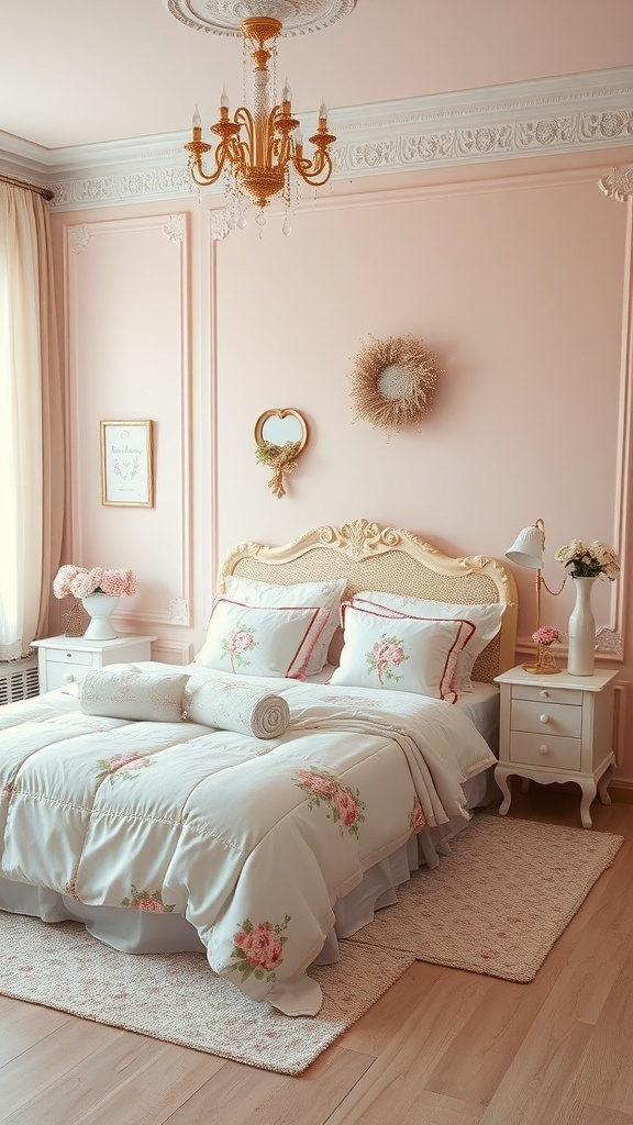 A shabby chic romantic bedroom featuring soft pastel colors, floral bedding, and elegant decor.