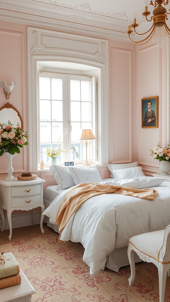 A romantic French bedroom featuring soft pastel colors, white bedding, and floral decorations.