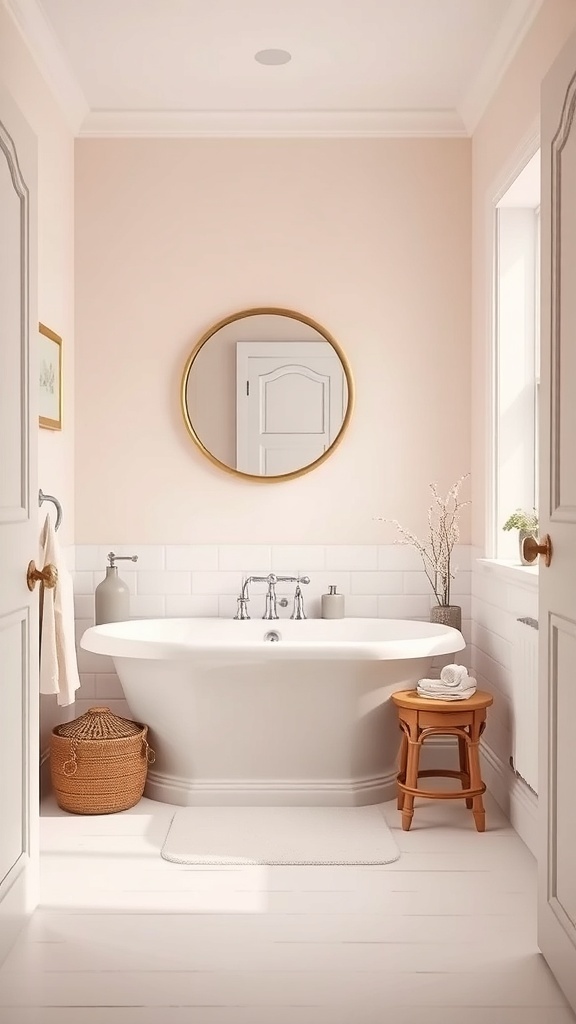 A cozy cottagecore bathroom featuring soft pastel colors, a white bathtub, and natural decor elements.