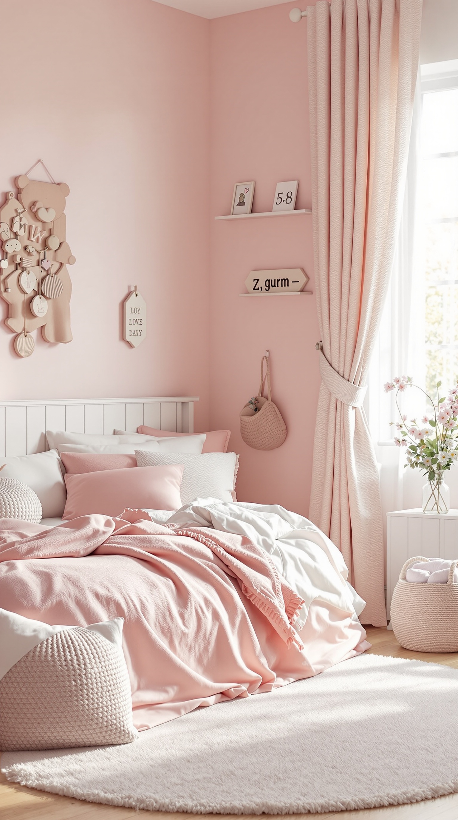 A cozy toddler girl's bedroom featuring soft pastel colors, with pink walls, layered bedding, and playful decor.