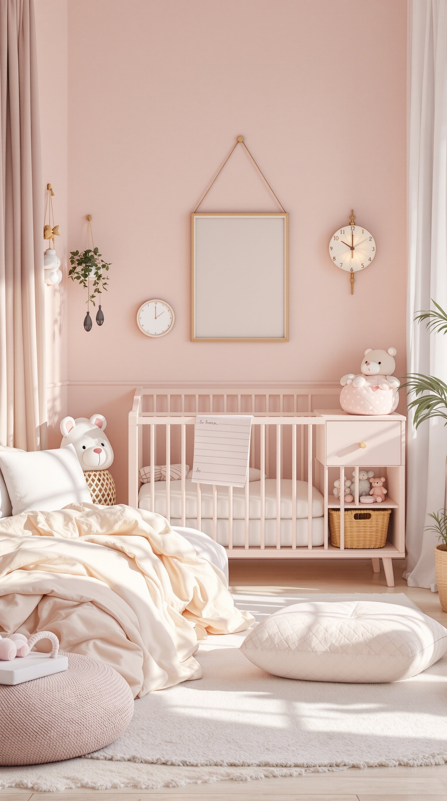 A beautifully designed baby girl's bedroom featuring soft pastel colors, a crib, plush toys, and cozy bedding.