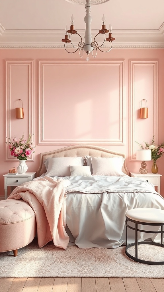 A romantic vintage bedroom with soft pastel colors, featuring pink walls, gray bedding, and elegant decor.