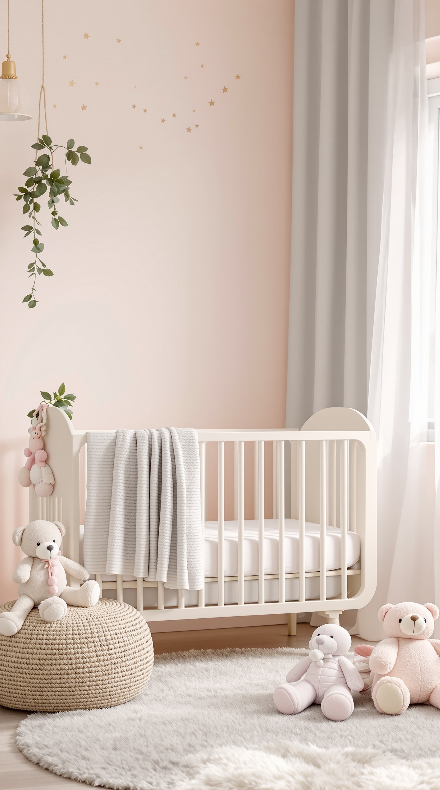 A cozy baby room decorated in soft pastel colors, featuring a light pink wall, a neutral crib, plush toys, and a hanging plant.