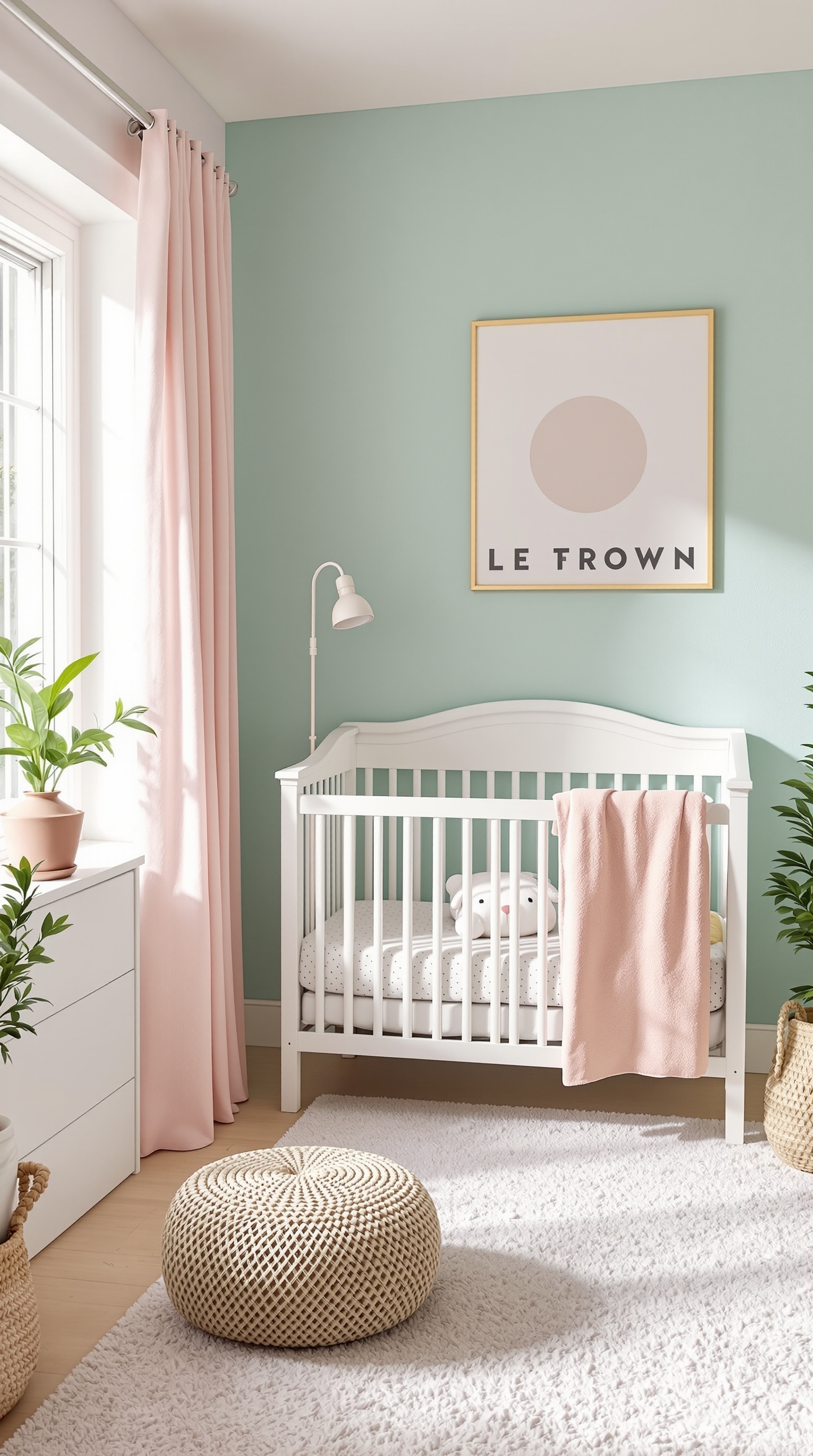 A soft pastel nursery room featuring mint green walls, a white crib, blush pink curtains, and a cozy rug.