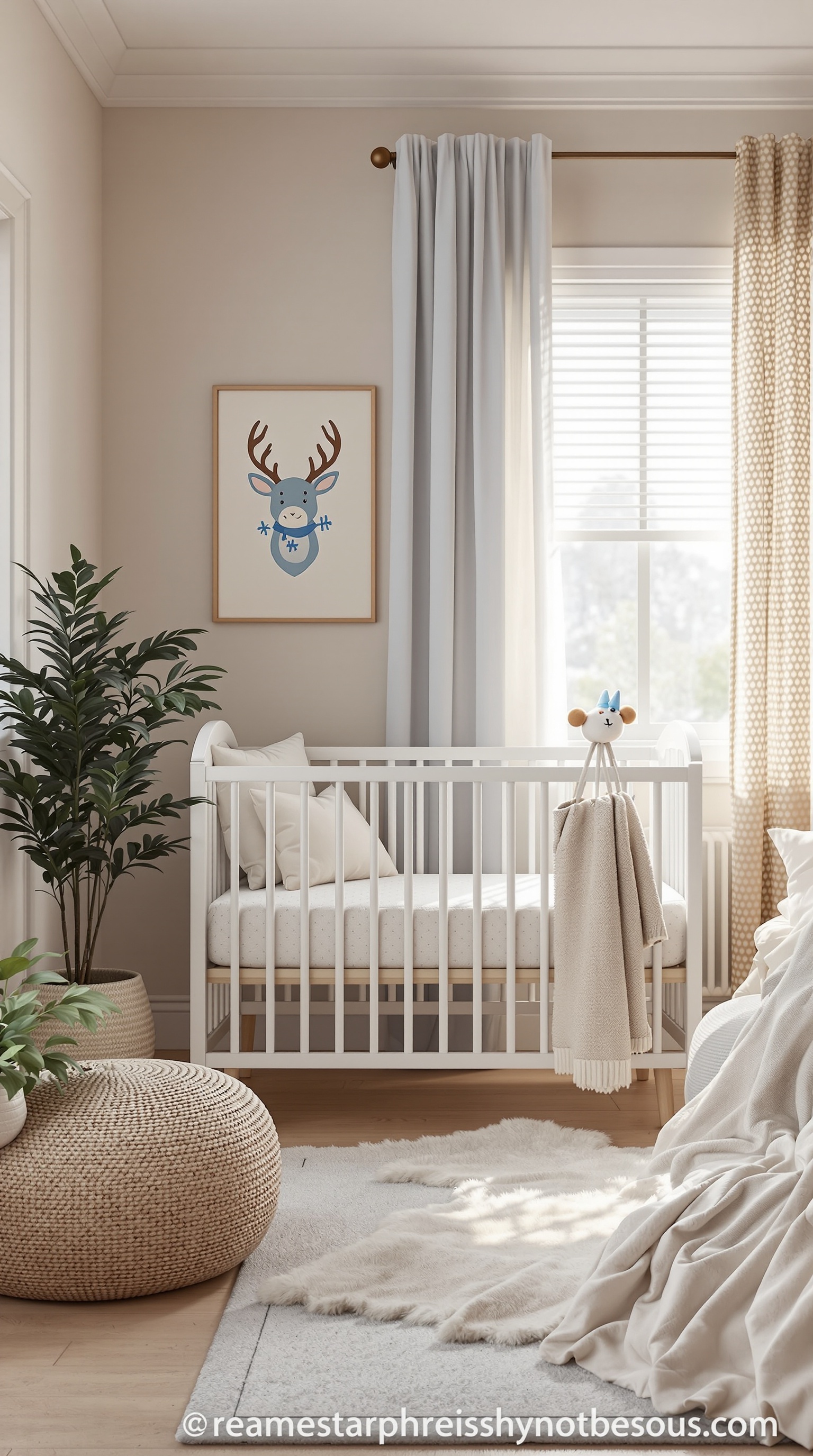 A baby boy's bedroom featuring soft pastel colors, a white crib, and cozy decor.