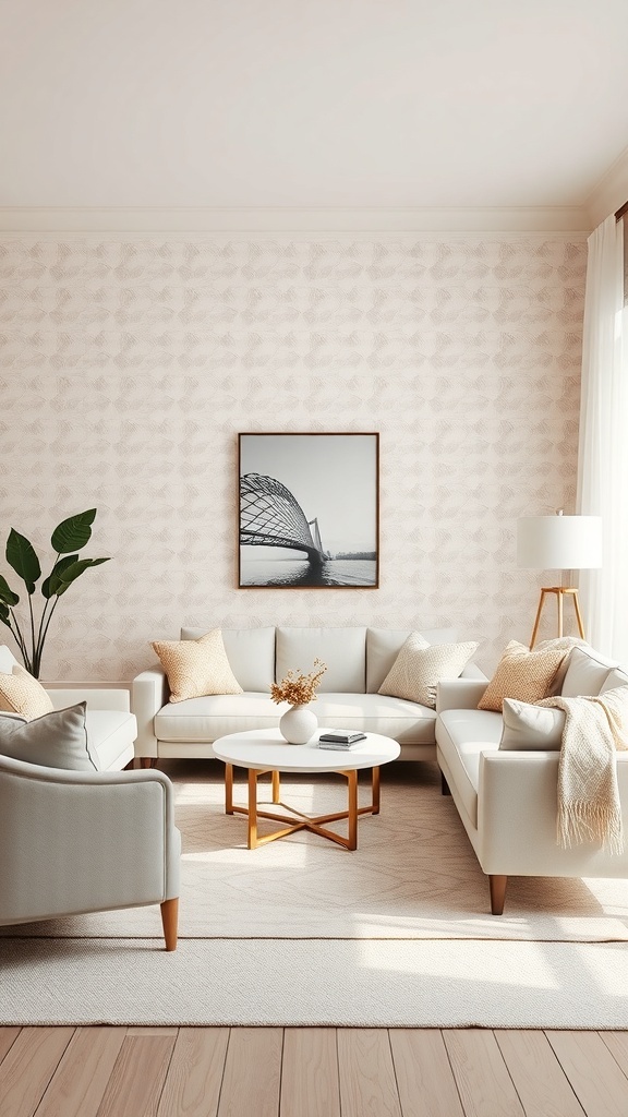 A cozy living room with soft pastel wallpaper, light-colored furniture, and a round coffee table.