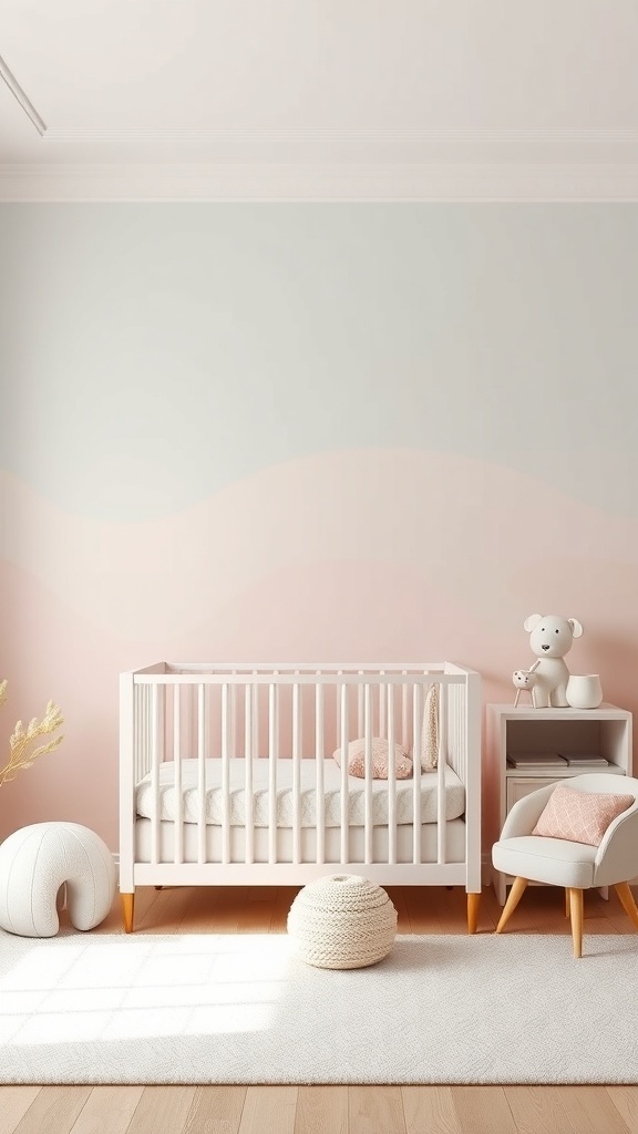 A nursery with a soft pastel ombre wall, transitioning from mint green to blush pink, featuring a crib and cozy decor.