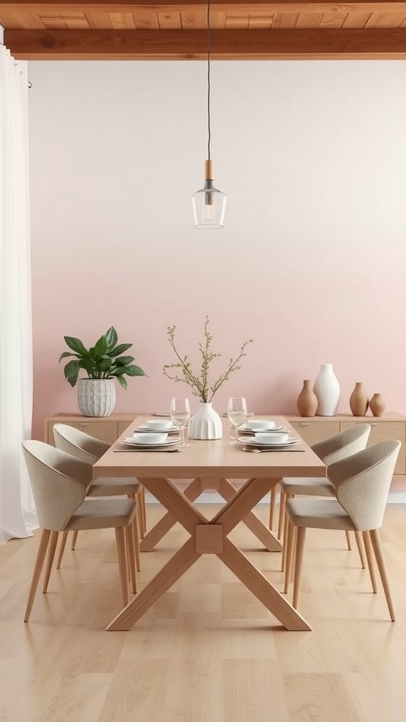Dining room with a soft pastel ombre wall effect, light wood table, and elegant decor.