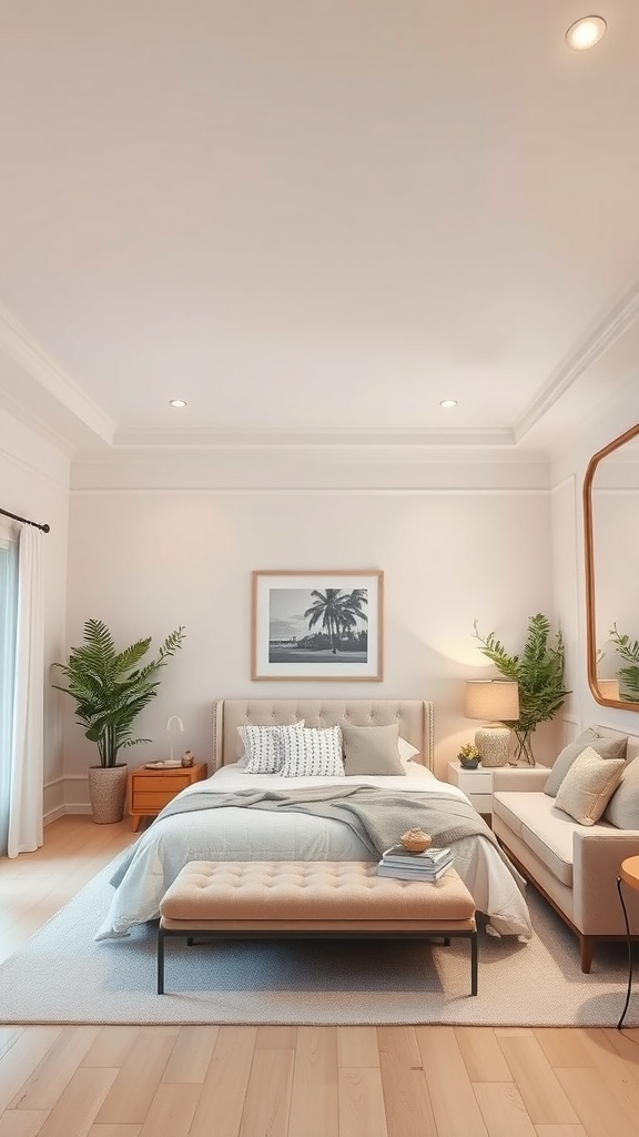 A serene bedroom featuring a tray ceiling painted in soft pastel shades, complemented by cozy decor and plants.