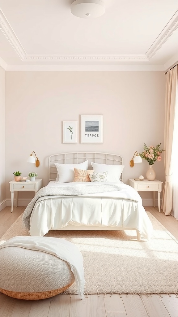 A serene bedroom decorated with soft pastel colors, featuring a white bed, cozy pouf, and decorative elements.