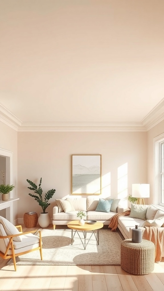 A cozy living room with a low ceiling, featuring soft pastel walls and ceiling, light furniture, and natural light.