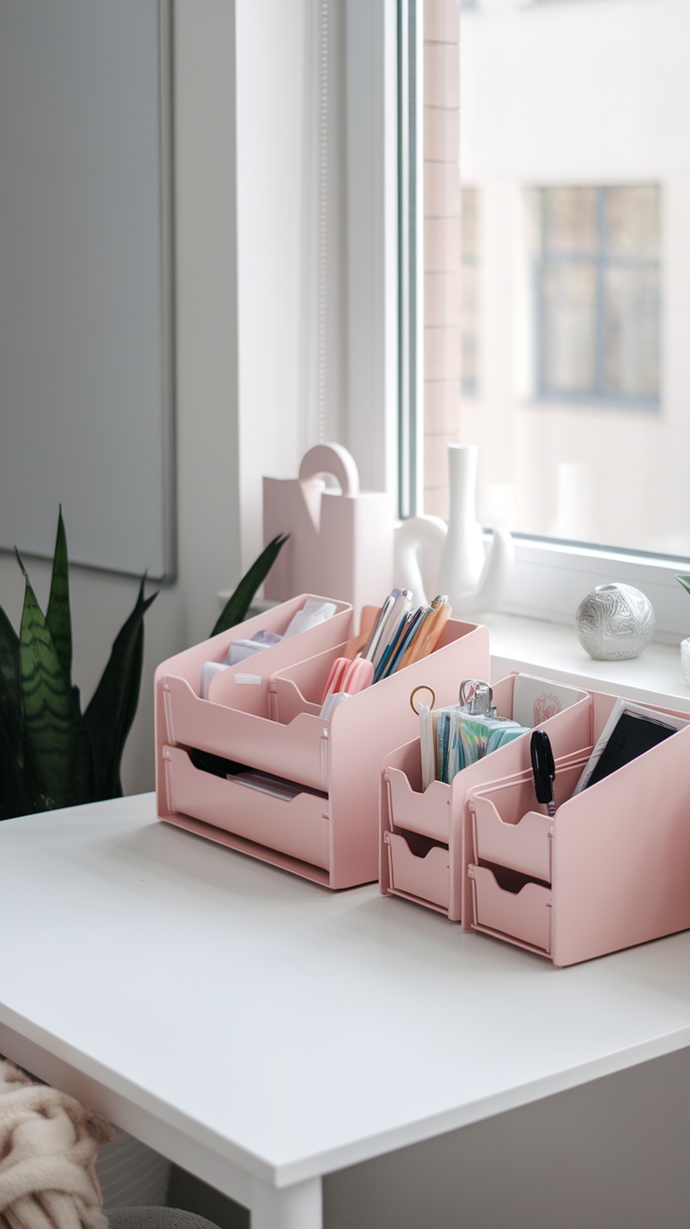 Soft pink desk organizers holding office supplies on a white desk