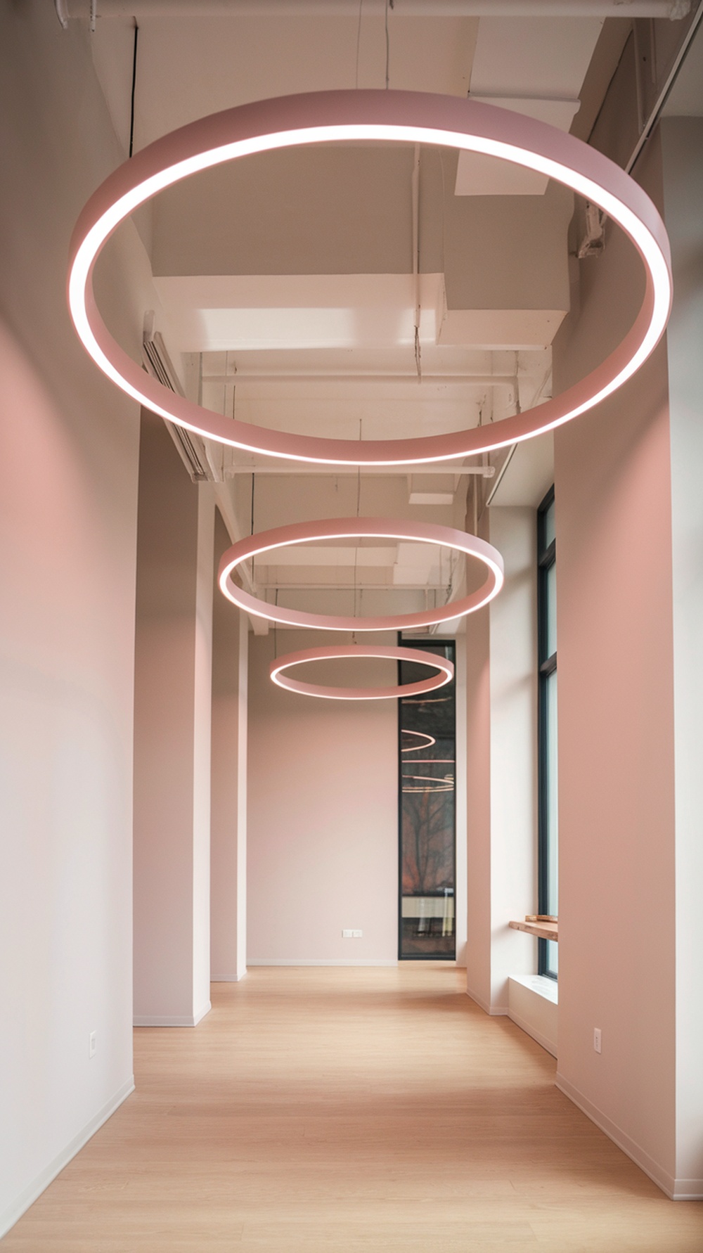 Three soft pink circular lighting fixtures hanging from the ceiling in a modern office space.
