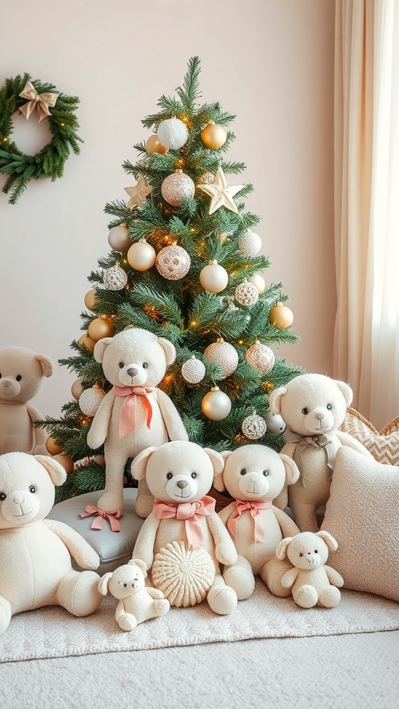 A collection of soft plush toys in neutral hues arranged around a Christmas tree decorated with gold and white ornaments.
