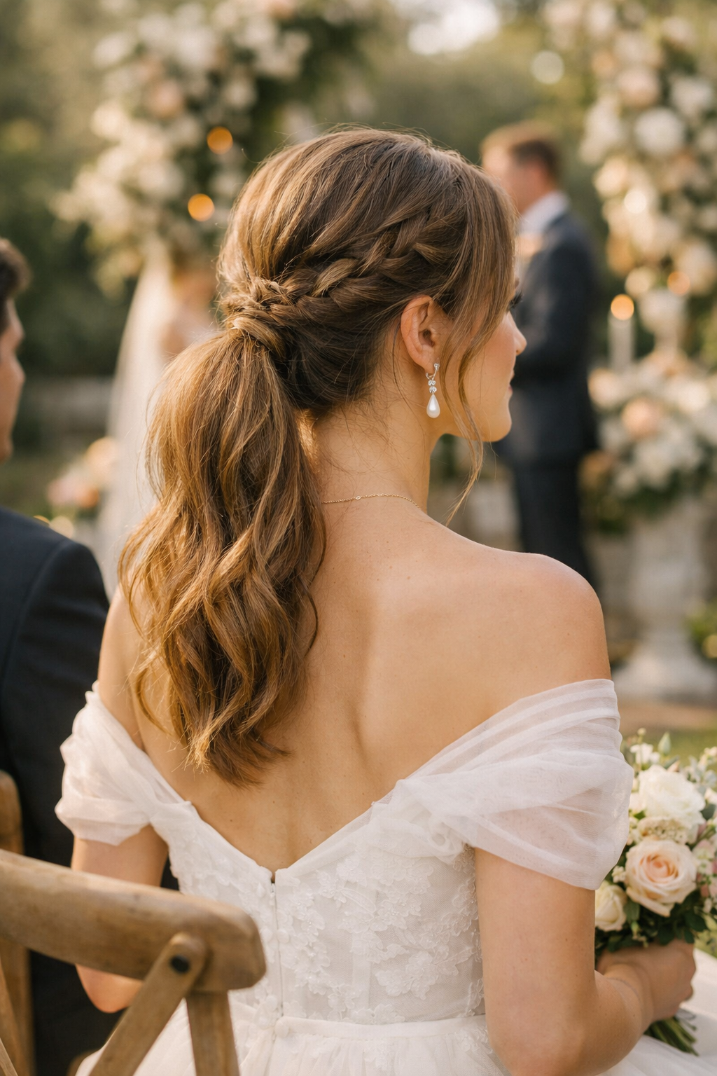 A woman with a soft ponytail and side braid, wearing a wedding guest outfit with off-shoulder details.