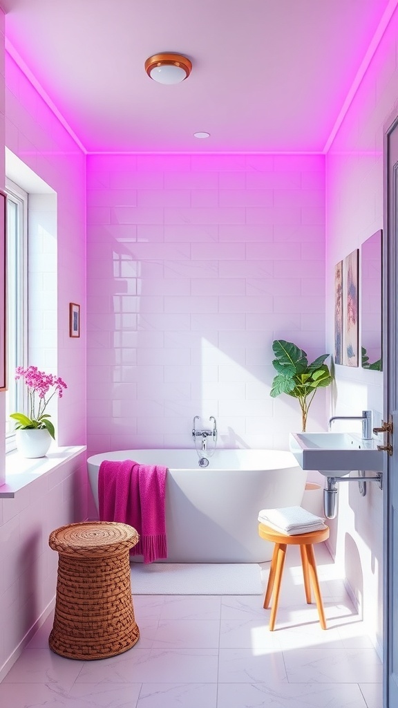 A modern bathroom with soft purple lighting, featuring a bathtub, sink, and decorative plants.