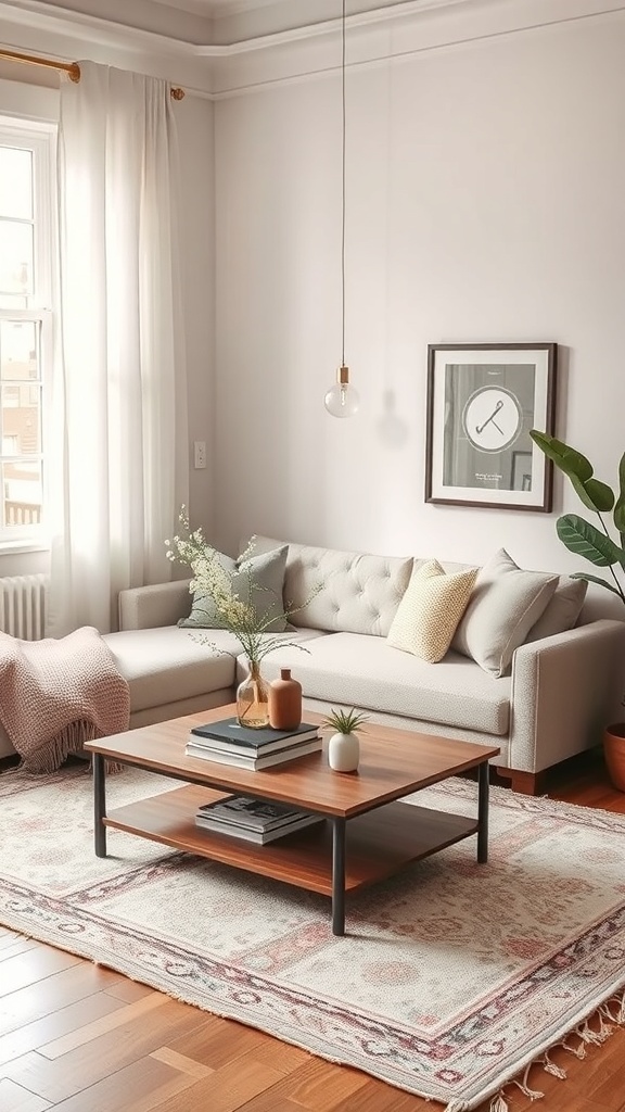 A cozy reading nook with a soft rug and a low table, featuring a sofa, books, and a plant.