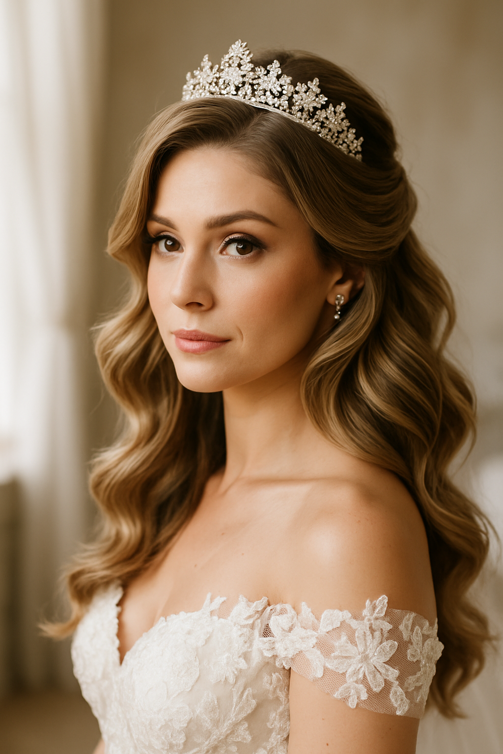 Bride with soft side-swept waves and a glittering tiara, wearing an off-shoulder wedding dress.
