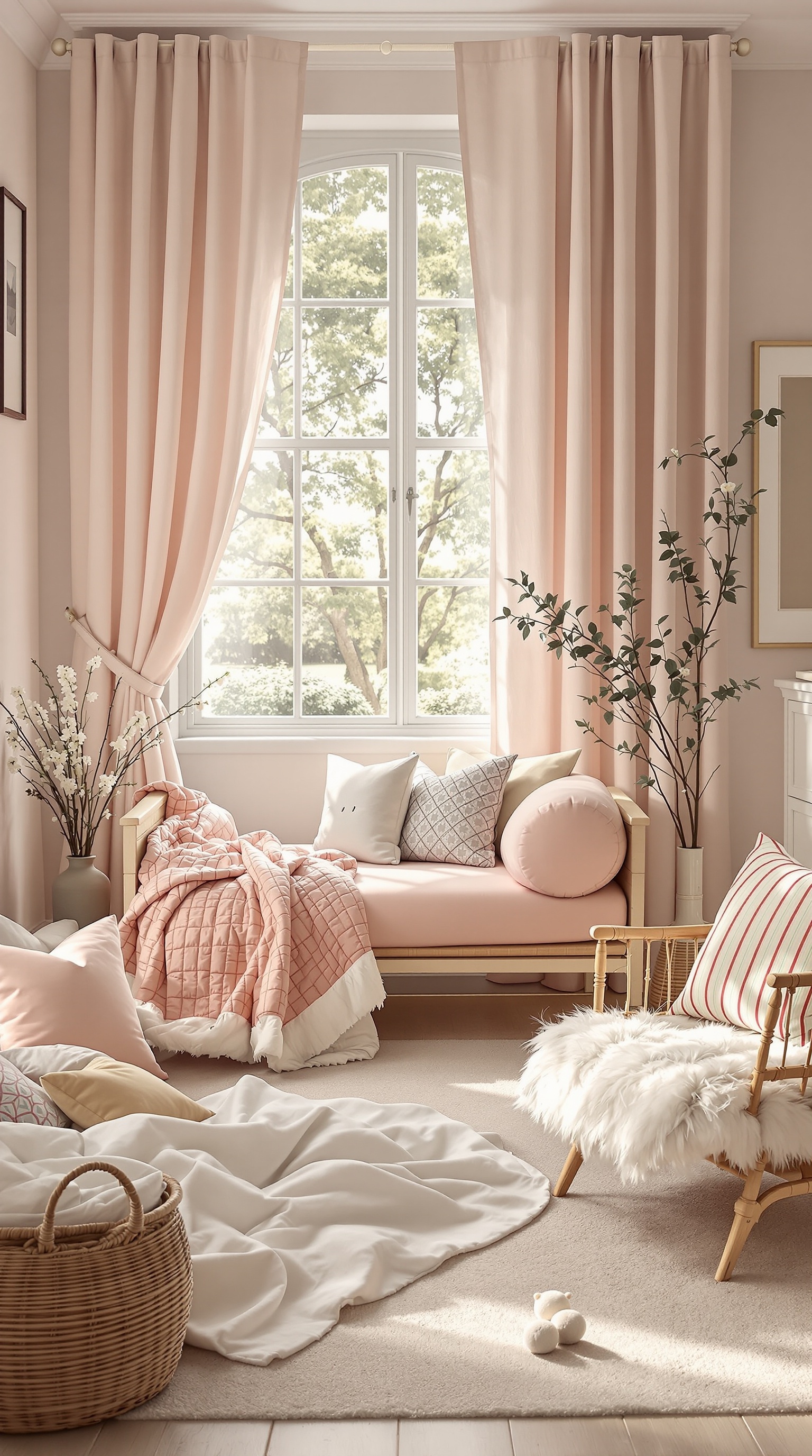 A vintage baby room featuring soft pink textiles, a cozy couch, and a warm atmosphere.