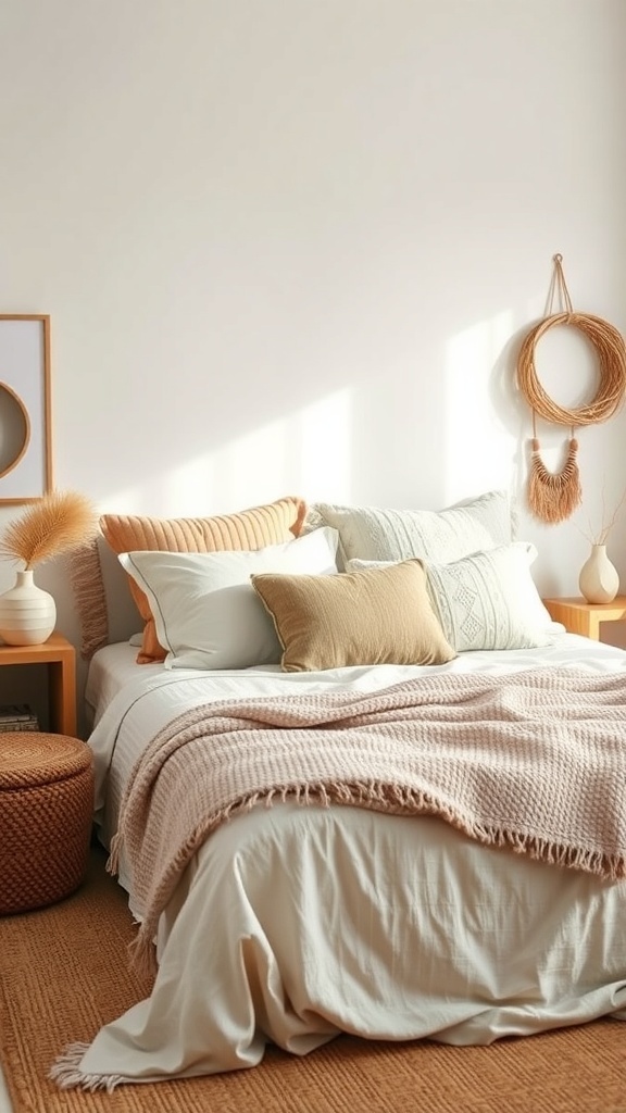 A cozy boho bedroom featuring a bed with layered fabrics and soft textiles.