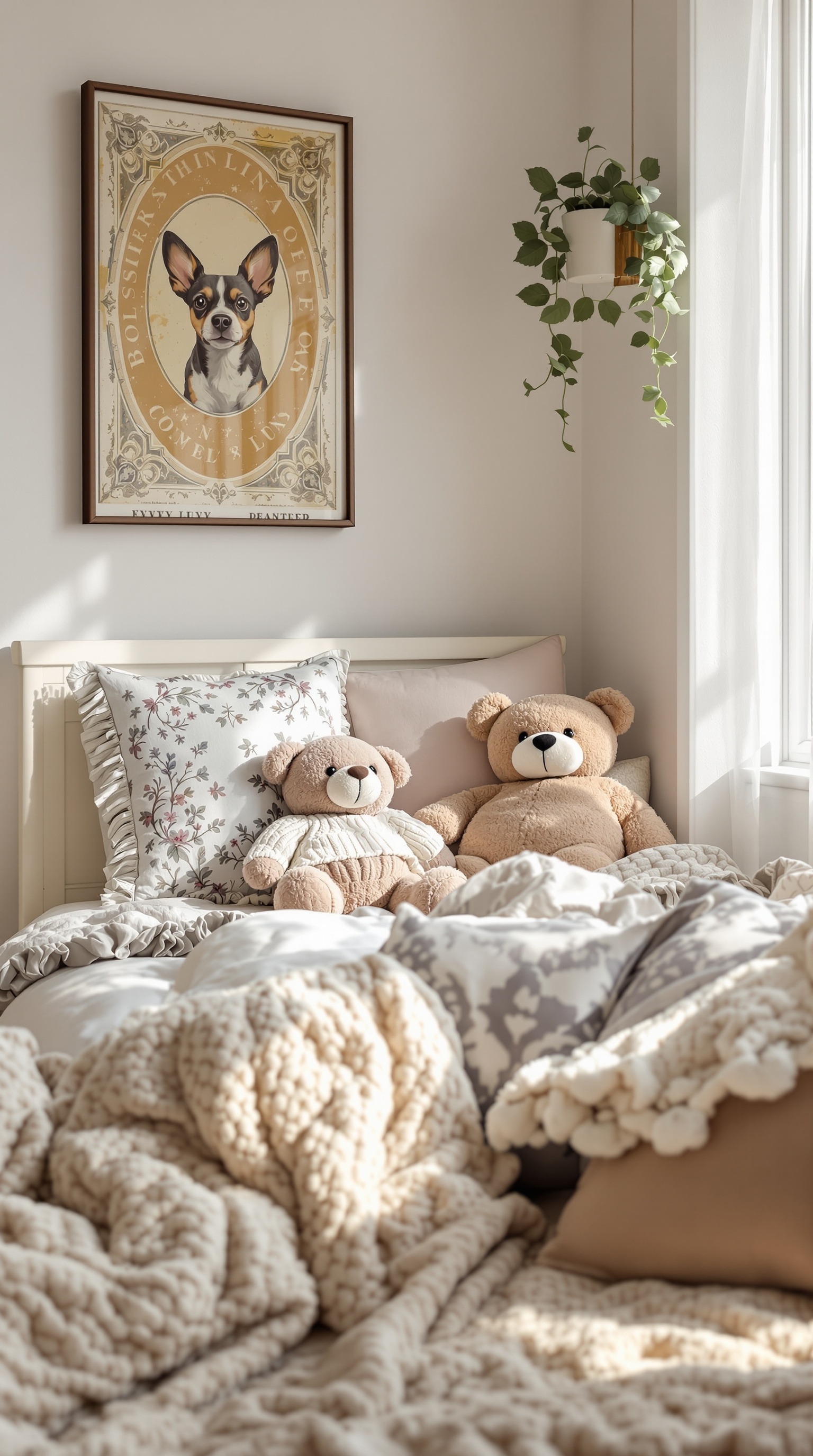 A cozy vintage toddler room featuring plush teddy bears, soft pillows, and textured blankets.