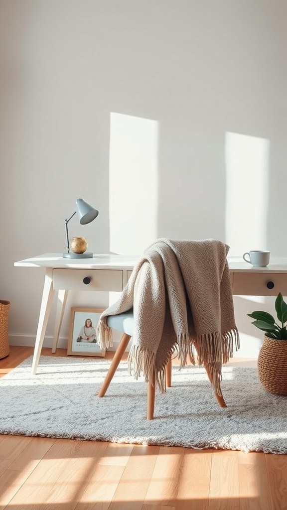 Cozy desk setup featuring a soft rug, a blanket on a chair, and a warm light.