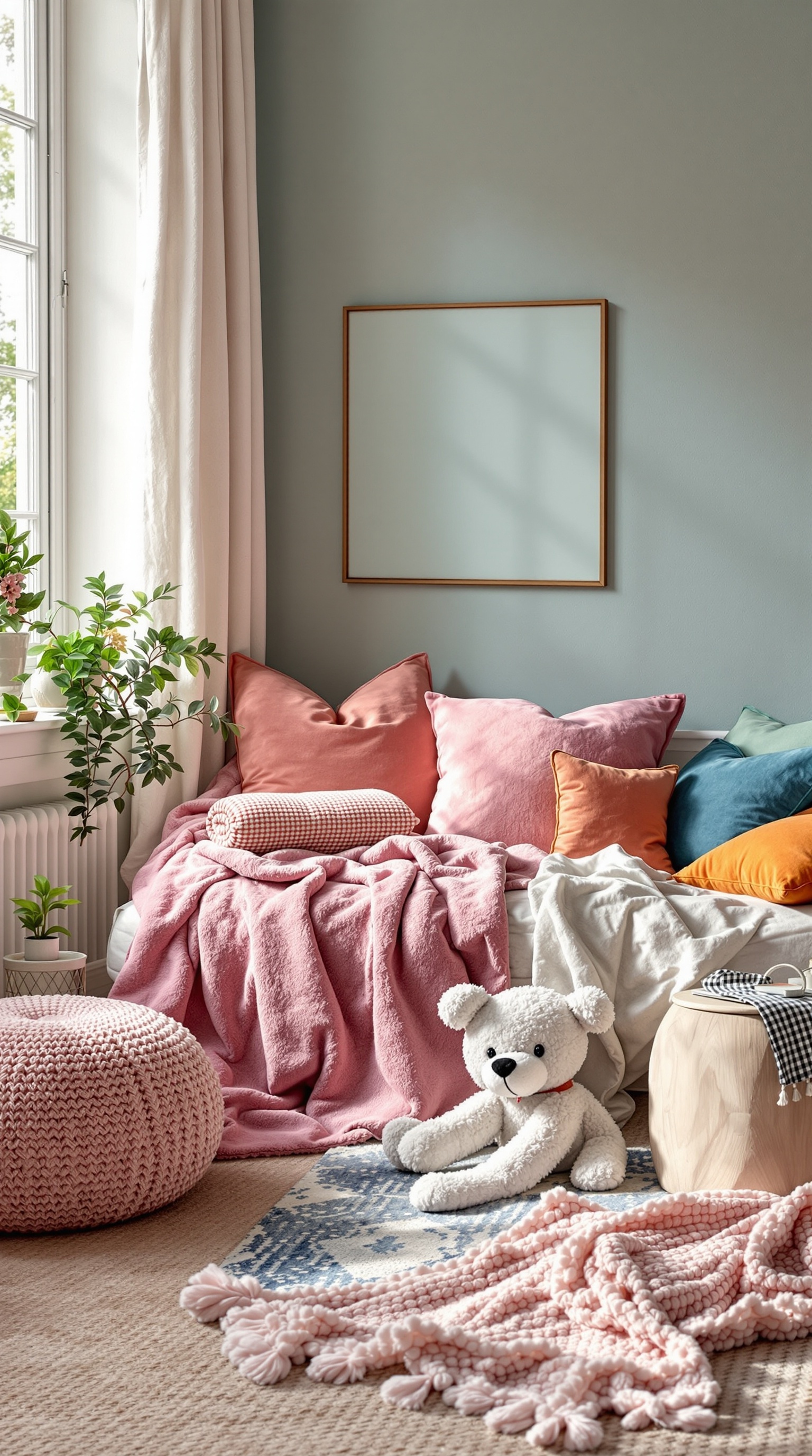 A cozy kids room with soft textiles including pillows, blankets, and a teddy bear.