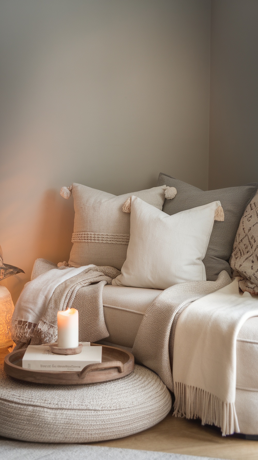 A cozy seating area with soft cushions and a blanket, featuring neutral tones and a candle for ambiance.